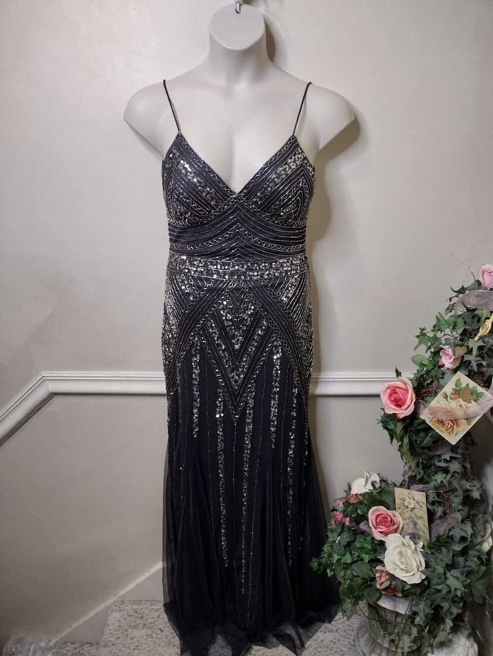 Marina Dark Gray Silver Bead & Sequin Embellished Spaghetti Strap Evening Gown